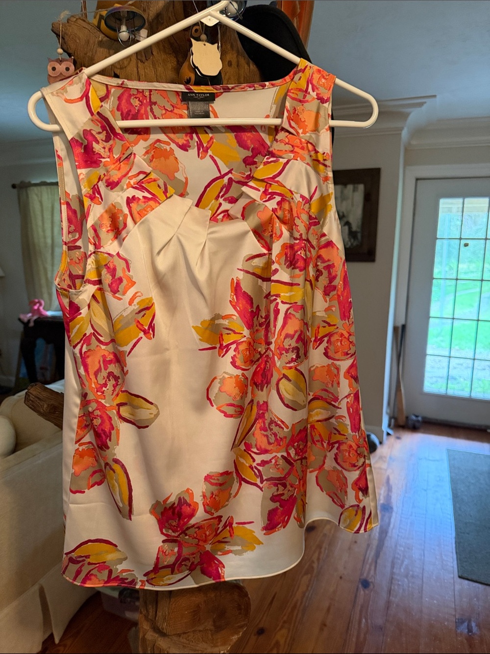 Ann Taylor Floral Pleated Shell Top - White, Pink & Yellow